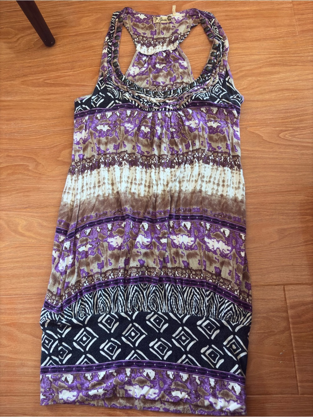 Pre Owned GUESS Womens Purple Boho Geometric Print Racerback Tank Dress Beaded-S